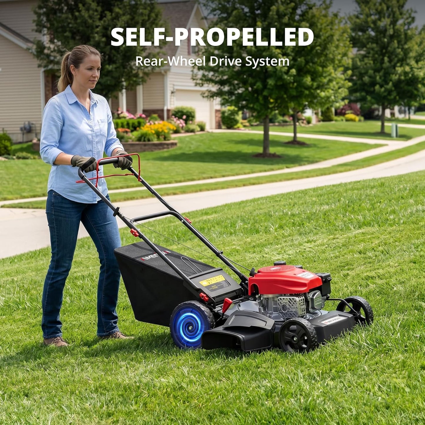 Amerisun 21" Self-Propelled Gas Lawn Mower, 170cc OHV Engine with Forced Air-Cooling, 3-in-1 System, Steel Deck, 6-Position Height Adjustment, Foldable Handle
