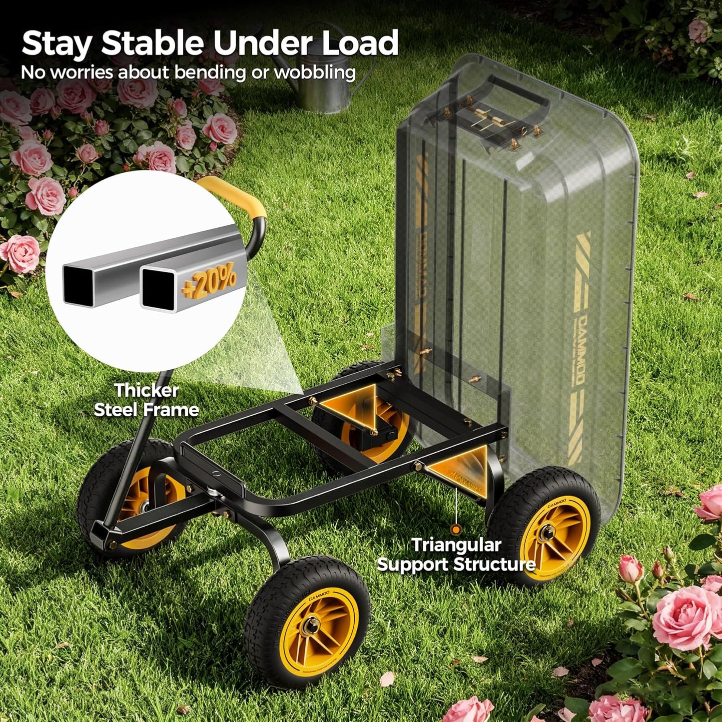 CAMMOO 10-in NO-FLAT TIRES 600lb Heavy-Duty Garden Dump Cart 4 Cu.Ft. Utility Wagon with Quick-Release Dumping & Prime Grade 100% Virgin Polypropylene - Not Recycled Material for Landscaping Gardening