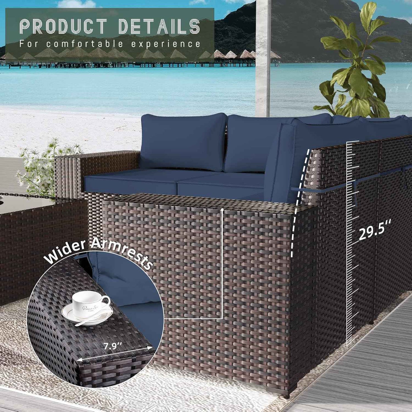 13 PCS Outdoor Patio Furniture Set,Outdoor Sectional Furniture with 43" 55000 BTU Gas Propane Fire Pit Table,All Weather PE Rattan Wicker Patio Conversation Set,Navy Blue