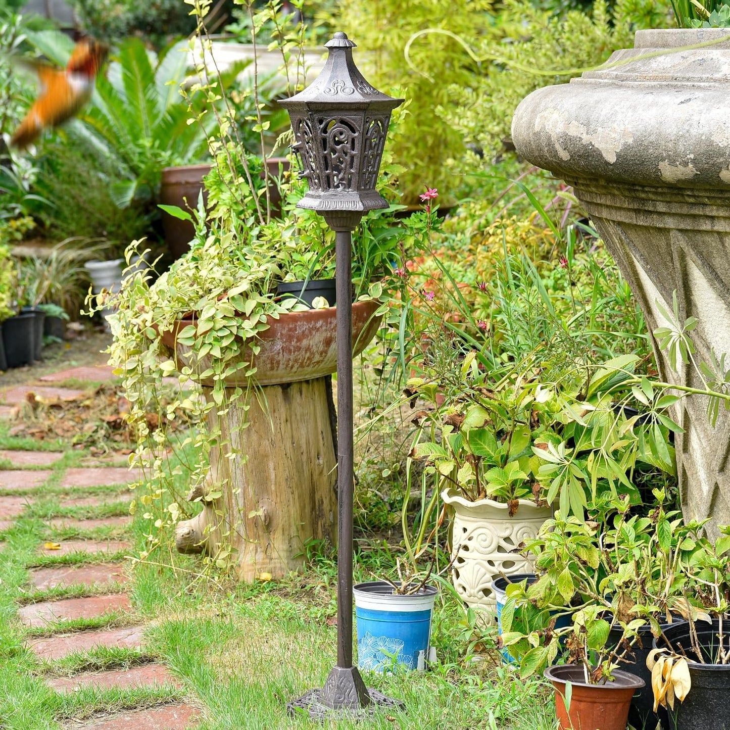 Sungmor Outdoor Decorative Lanterns, 47" Tall Cast Iron Floor Standing Candle Holders, Rustic Lantern Stand for Lawn Yard, Heavy Garden Lamp Post Porch Decor, Large Landscaping Candle Lantern