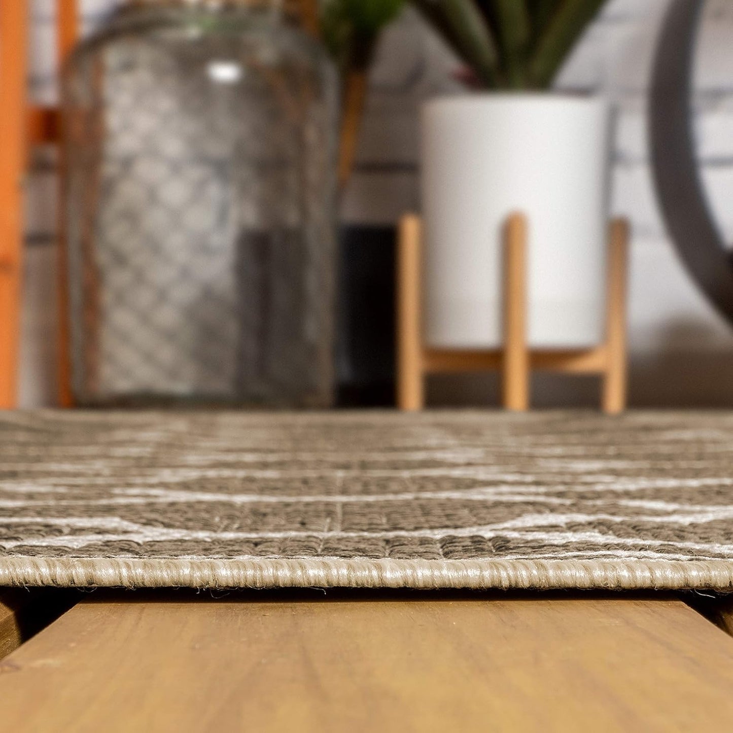 Eyely BMS109A-5SQ Santa Monica Trebol Moroccan Trellis Textured Weave Indoor/Outdoor Area Rug Coastal;Bohemian, Bedroom, Backyard, Patio, Easy-Cleaning, Non-Shedding, 5' Square, Brown/Beige