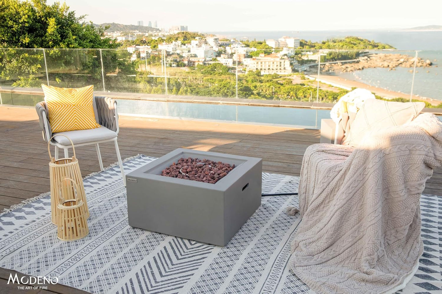 AMS Fireplace | Modeno Ridgefield Package | Light Gray Natural Gas Fire Pit Table for Outside Patio Bundle with Wind Guard, SS Burner Lid | Free Ice Bucket & Rubber Mat