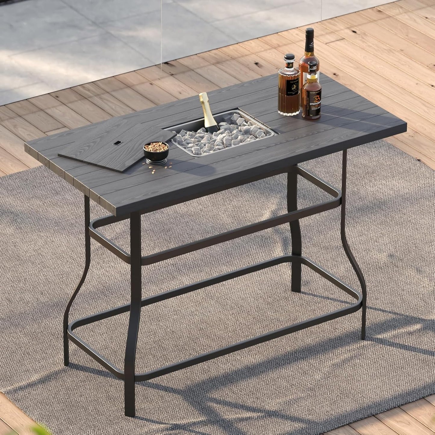 Grand patio Outdoor Bar Table, Faux Wood Grain Dining Table with Ice Bucket for Indoor Outdoor Kitchen Bistro Small Space Restaurant