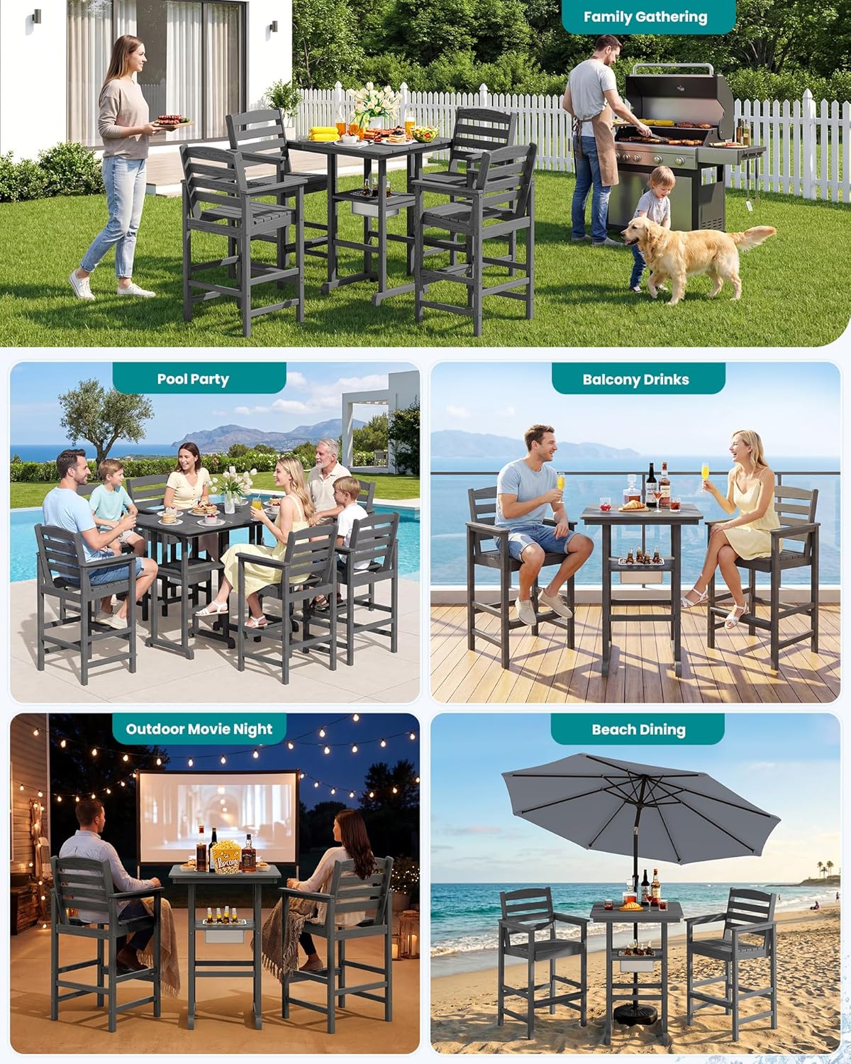 SERWALL Balcony Adirondack Chairs and Table 3 Pieces Set, HDPE Bar Height Chairs Set of 2 and Bar Table with Ice Bucket, Outdoor Bar Stools Set for Bistro, Poolside, Backyard, Grey