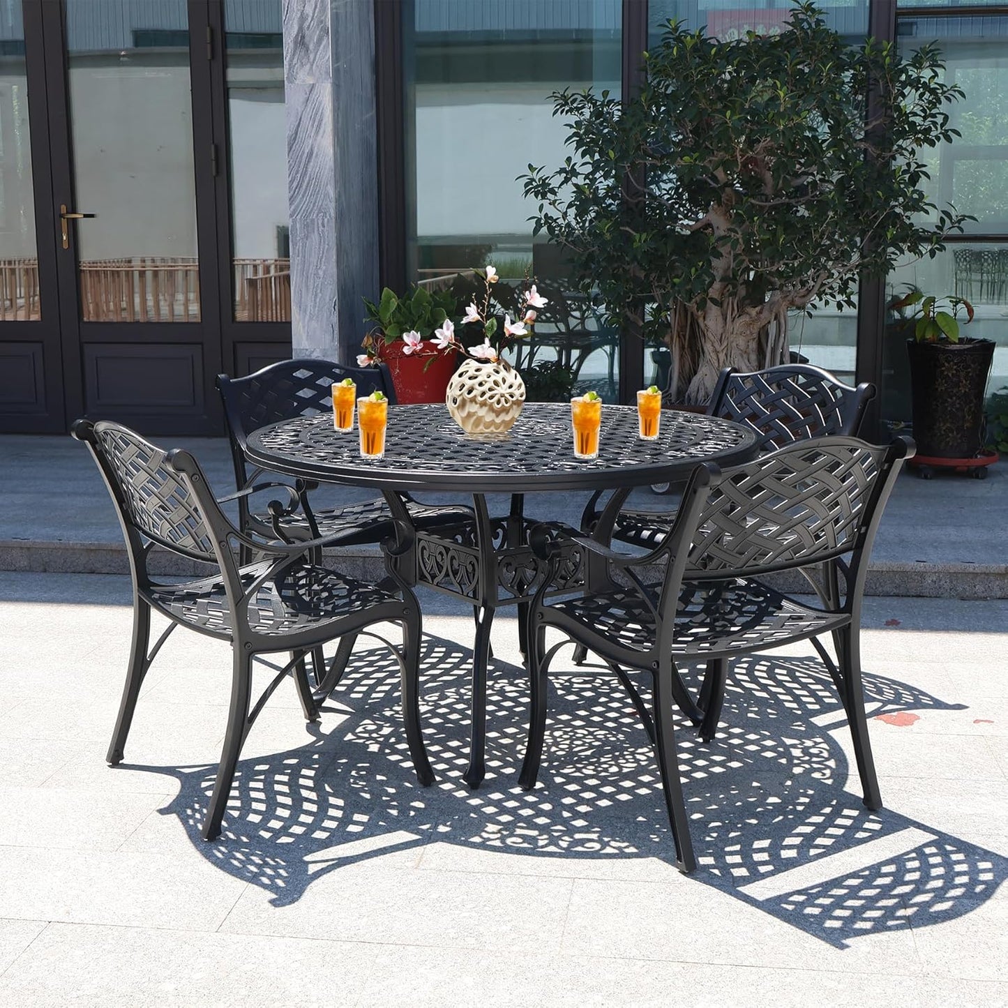48" Round Patio Table for 6 Person Cast Aluminum Bistro Table with Umbrella Hole,Metal Patio Table Outdoor Bistro Dining Table for Garden,Bronze