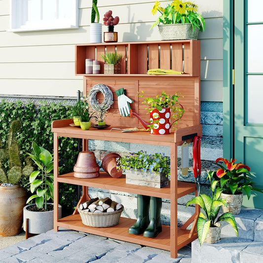 Merax 65" Large Wooden Farmhouse Rustic Outdoor Potting Bench Table with 4 Storage Shelves and Side Hook, Patio Workstation, for Garden, Backyard, Natural