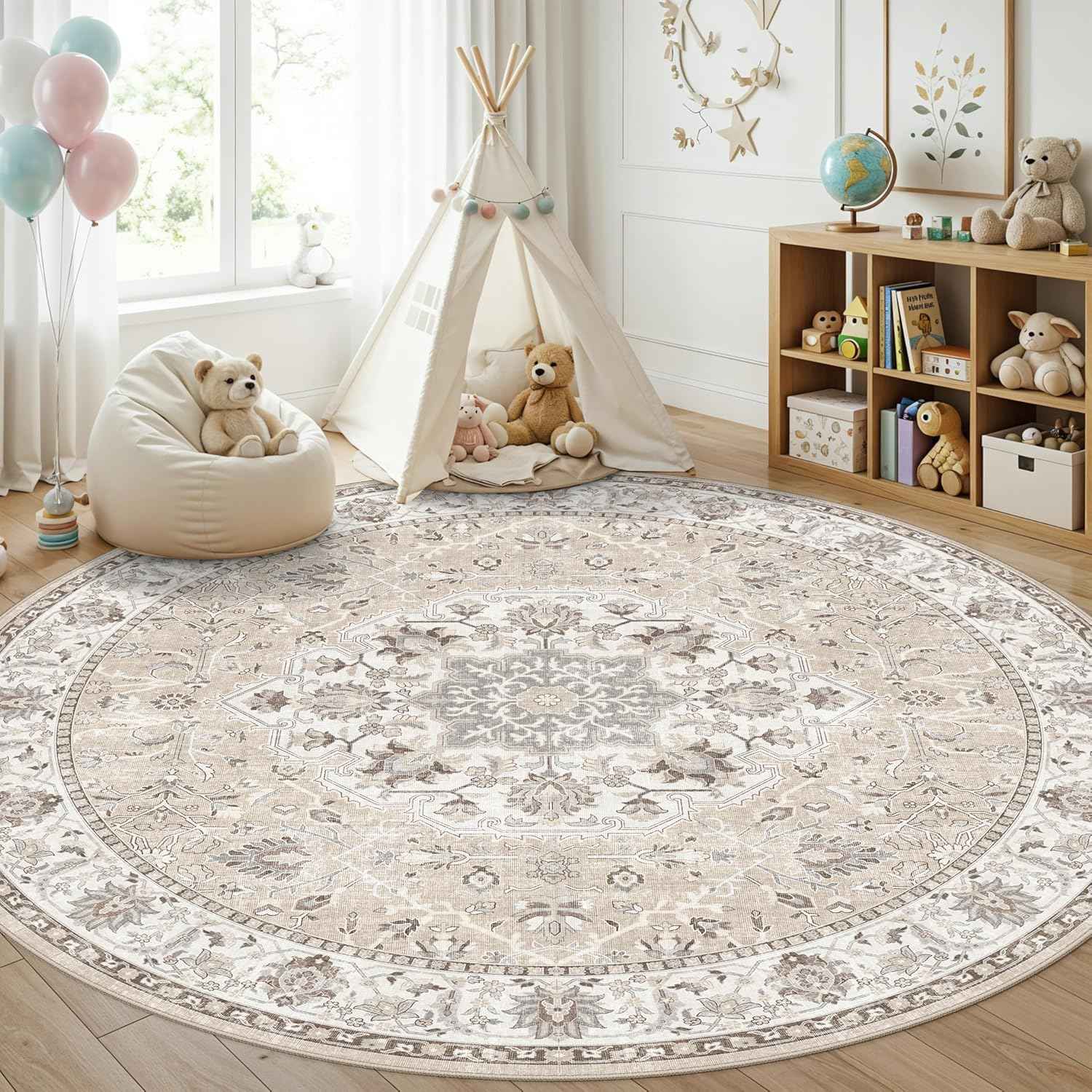 Washable 8ft Round Area Rug - Living Room Oriental Non Slip Soft Rugs Indoor Low Pile Stain Resistant Carpet for Bedroom Dining Room Farmhouse Distressed Thin Home Decor Floor Mat(8Round,Beige)