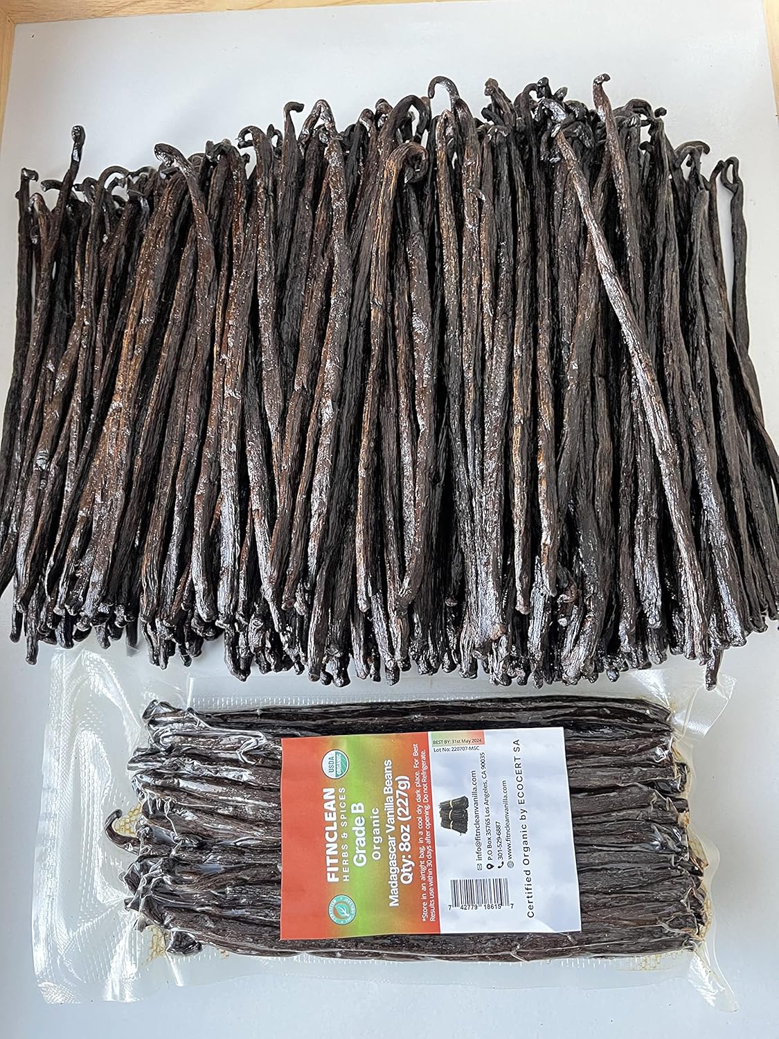 8oz Organic Madagascar Vanilla Beans Grade B for Extract. Certified USDA Organic. 5"-7" by FITNCLEAN VANILLA for Paste and Baking (1/2 Lb) Whole NON-GMO Pods