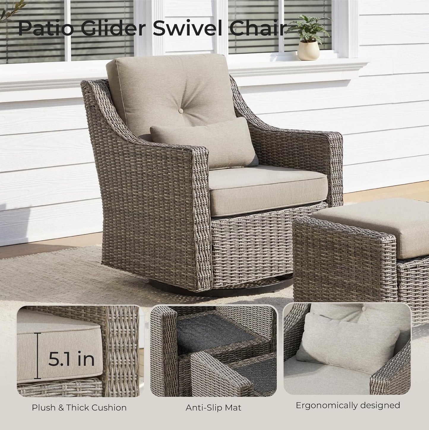 CHITA 3 Pieces Wicker Patio Bistro Set, Outdoor Furniture Set with 2 Pieces Rattan Rocking Swivel Chairs, Thickened Cushions and Side Table