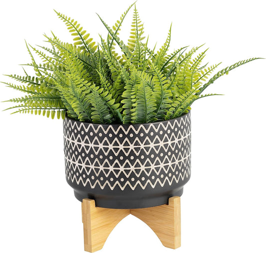 Ceramic Planter with Bamboo Stand – Modern Plant Pot with Geometric Pattern – Durable Stoneware Plant Holder for Indoor & Outdoor Plants – Stylish Boho Home Decor – 8", Black
