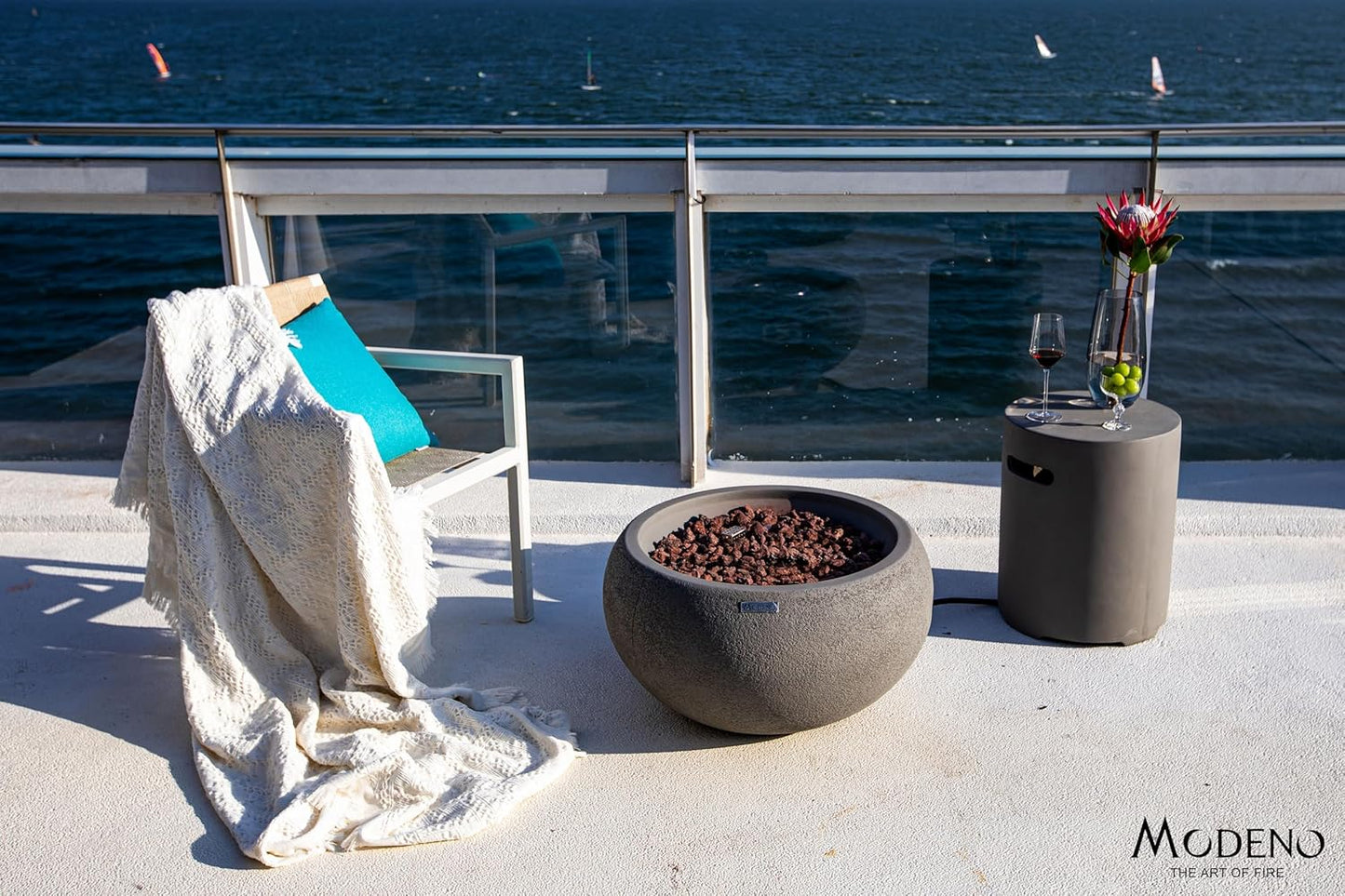 AMS Fireplace | Modeno Newbridge Package | Light Gray Liquid Propane Gas Fire Pit Table for Outside Patio Bundle with Tank Cover, & SS Burner Lid | Free Ice Bucket & Rubber Mat