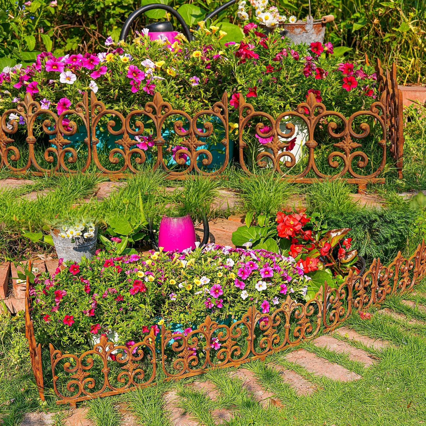 Decorative Cast Iron Garden Edging, 4 Pack Full Rusted Victorian Garden Edging Landscape Border, Vintage Metal Yard Stake Low Picket Fence