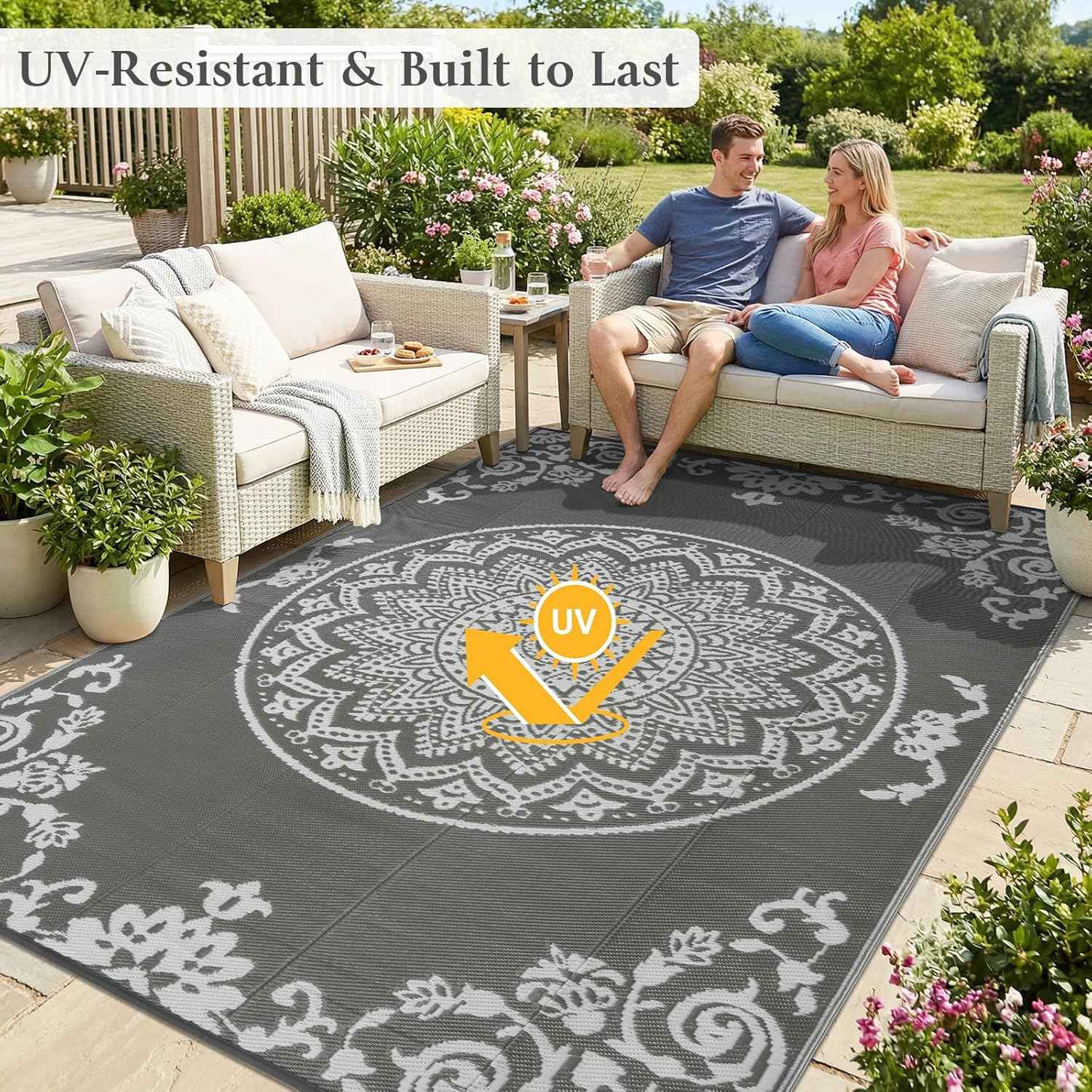 famibay Outdoor Rug Waterproof 8x10 ft, Reversible Large Outdoor Plastic Straw Rug, UV-Resistant Patio Rug Portable RV Mat Indoor Outdoor Carpet for Camping, Balcony, Deck, Backyard, Picnic