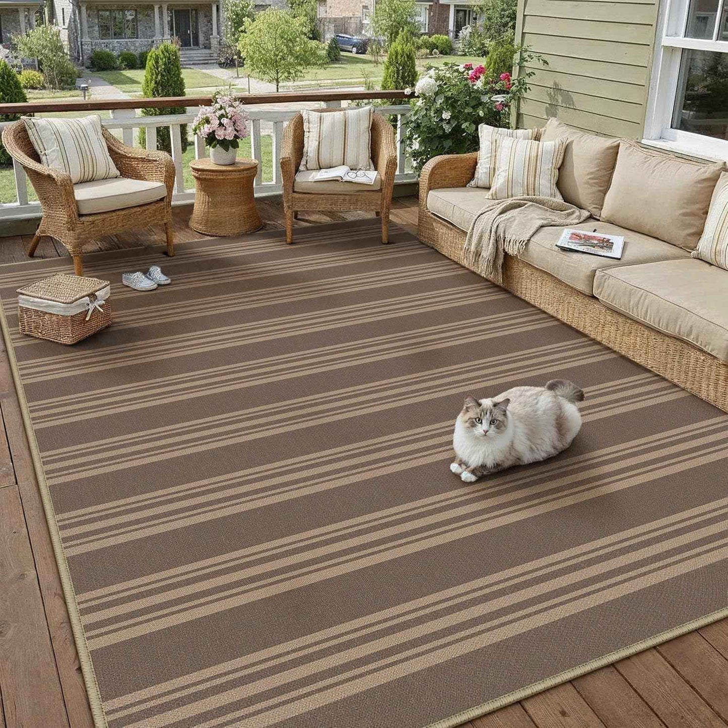 PureCozy Striped Easy Jute 6x9 Area Rugs Nature Washable Outdoor Patio Rug for Living Room Indoor Outdoor Carpet Non Slip Office Farmhouse Neutral for Backyard Balcony Porch Bedroom Dining Room