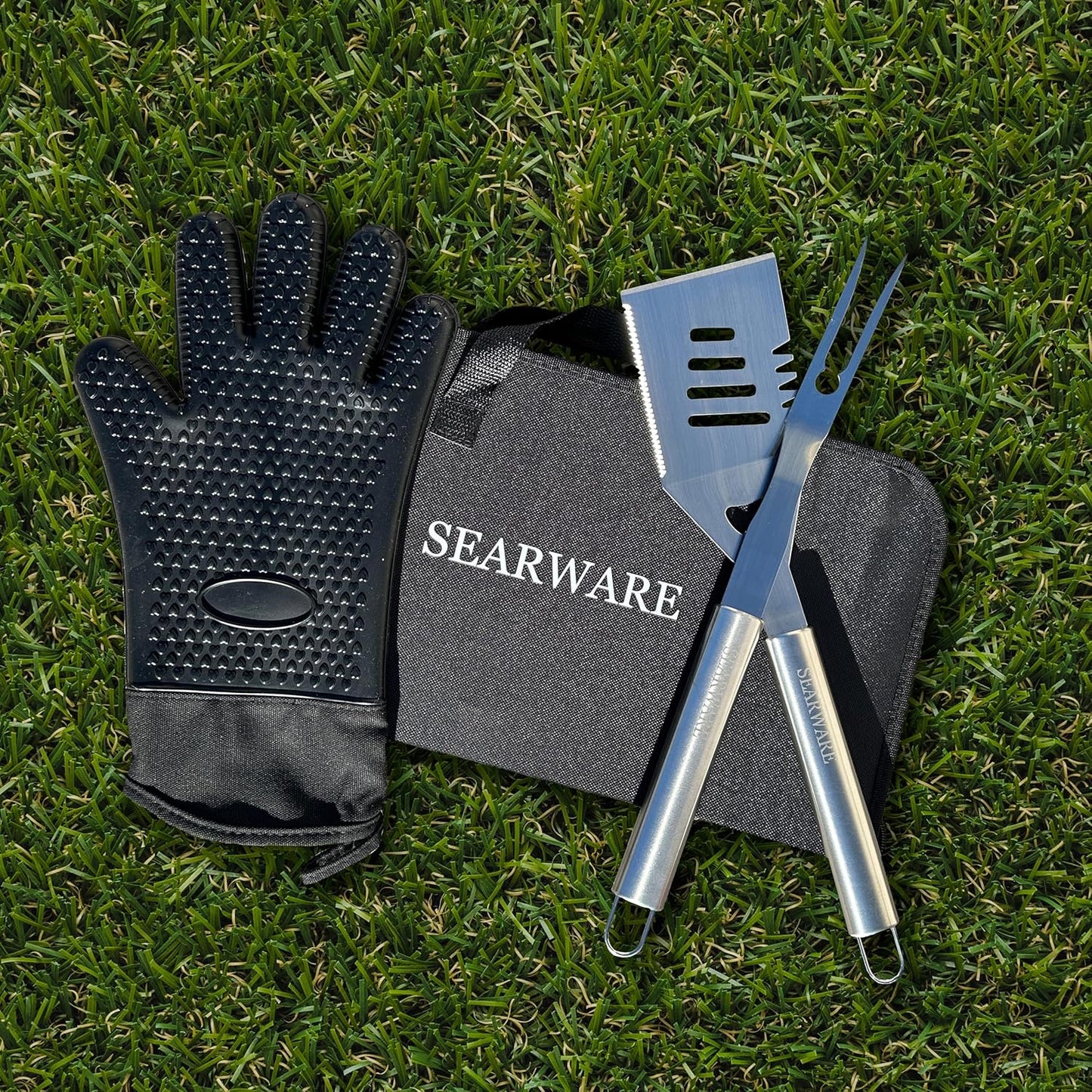Barbecue Grill Tool Set - Stainless Steel - Strong Durable Design - Heat Resistant Glove & Bristle Free Grill Brush - Thermometer, Meat Injector, & Corn Skewers - Perfect For Smokers & Grills
