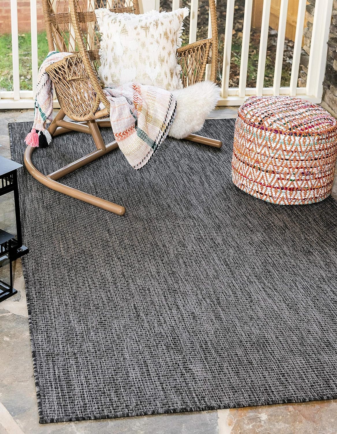 Unique Loom Collection Casual Transitional Solid Heathered Indoor/Outdoor Flatweave Area Rug (9' x 12' Rectangle, Black/Ivory)