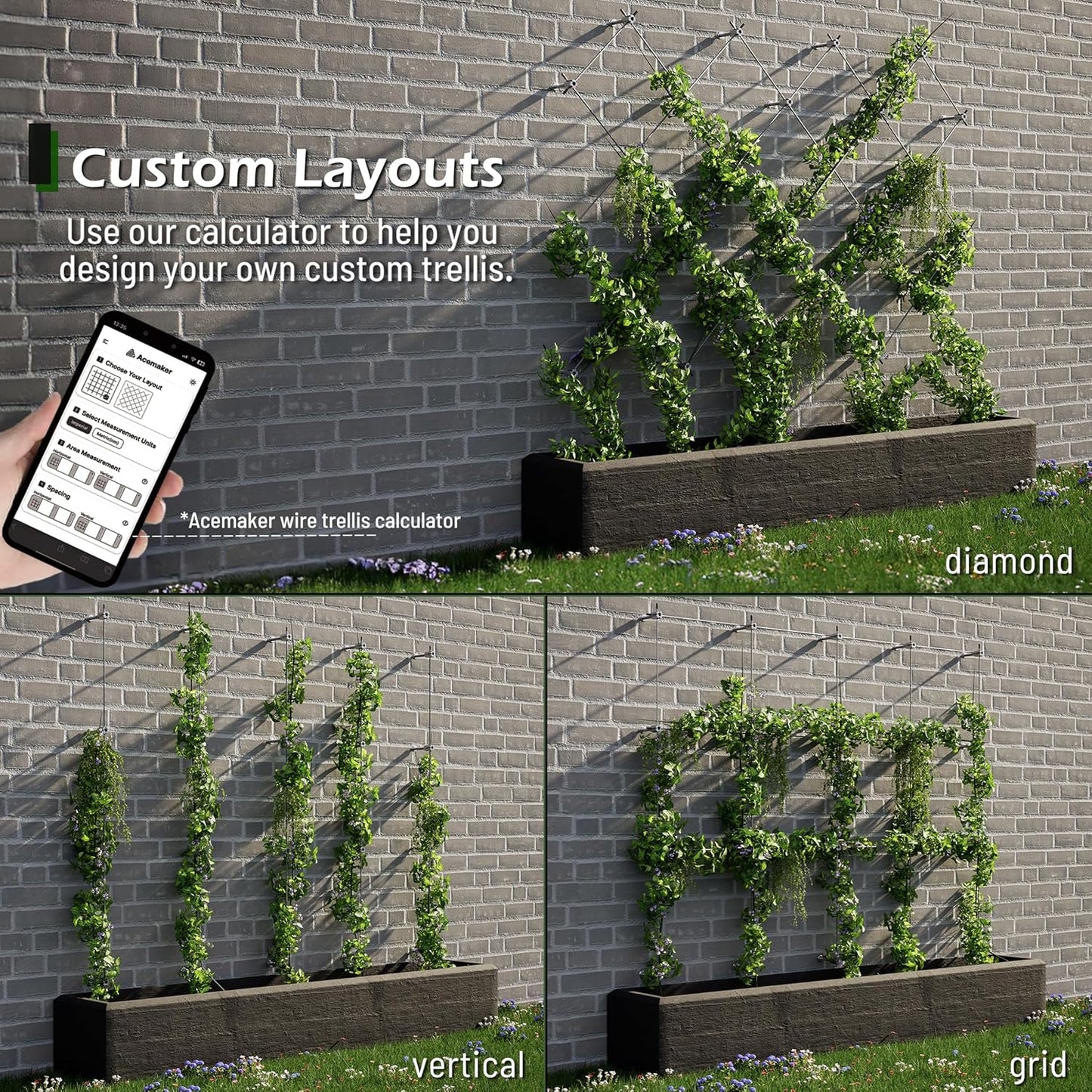 Wire Trellis for Climbing Plants Outdoor, 12-Set Wall Wire Trellis Kit with 1/8in x 53ft Stainless Steel Cable, T316 Espalier System for Fence and Garden DIY Projects
