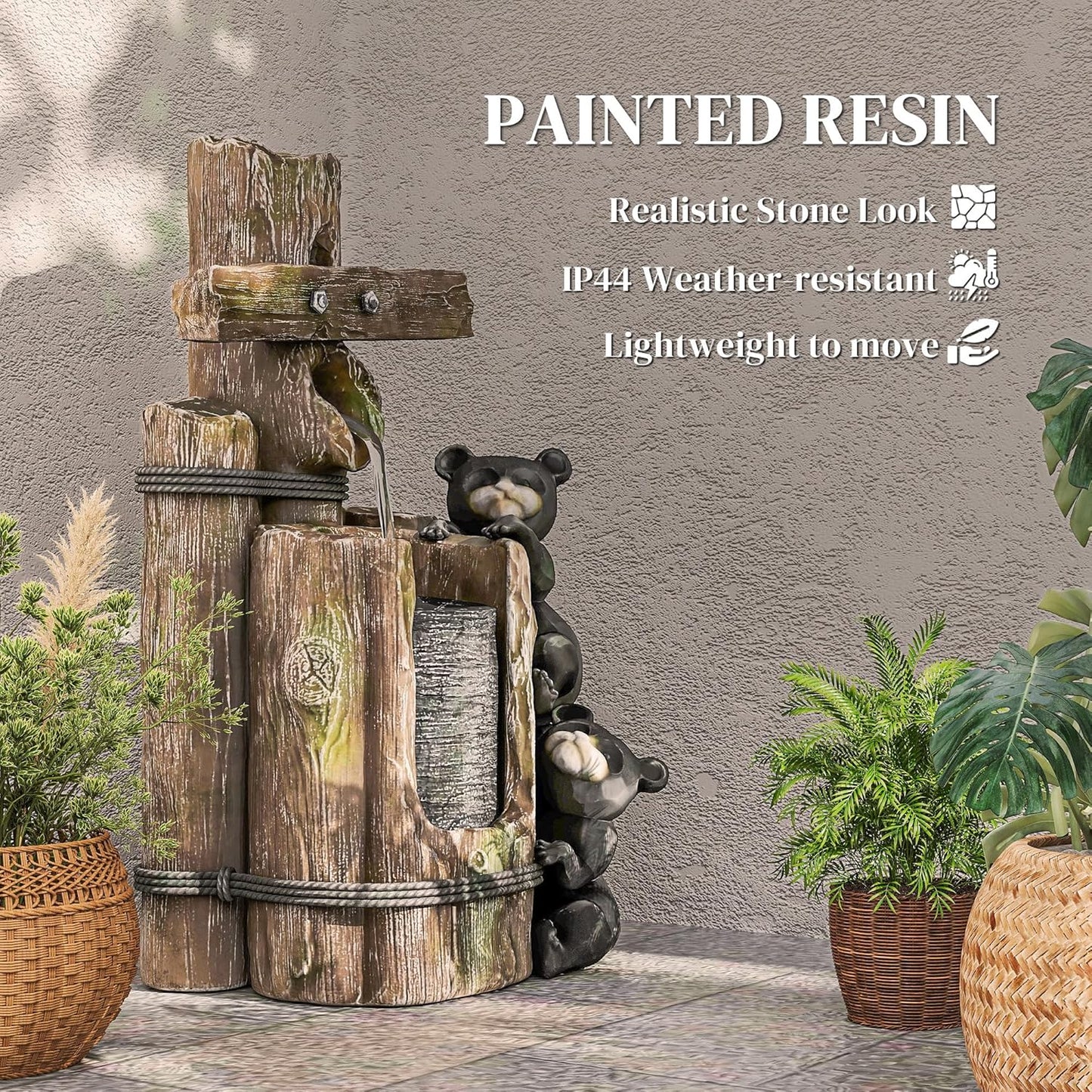 22.8" Outdoor Water Fountain, 3-Tier Resin Bears on Log Waterfall with LED Lights and Adjustable Pump, Rustic Floor Standing Garden Decor for Patio, Porch, Backyard, Brown