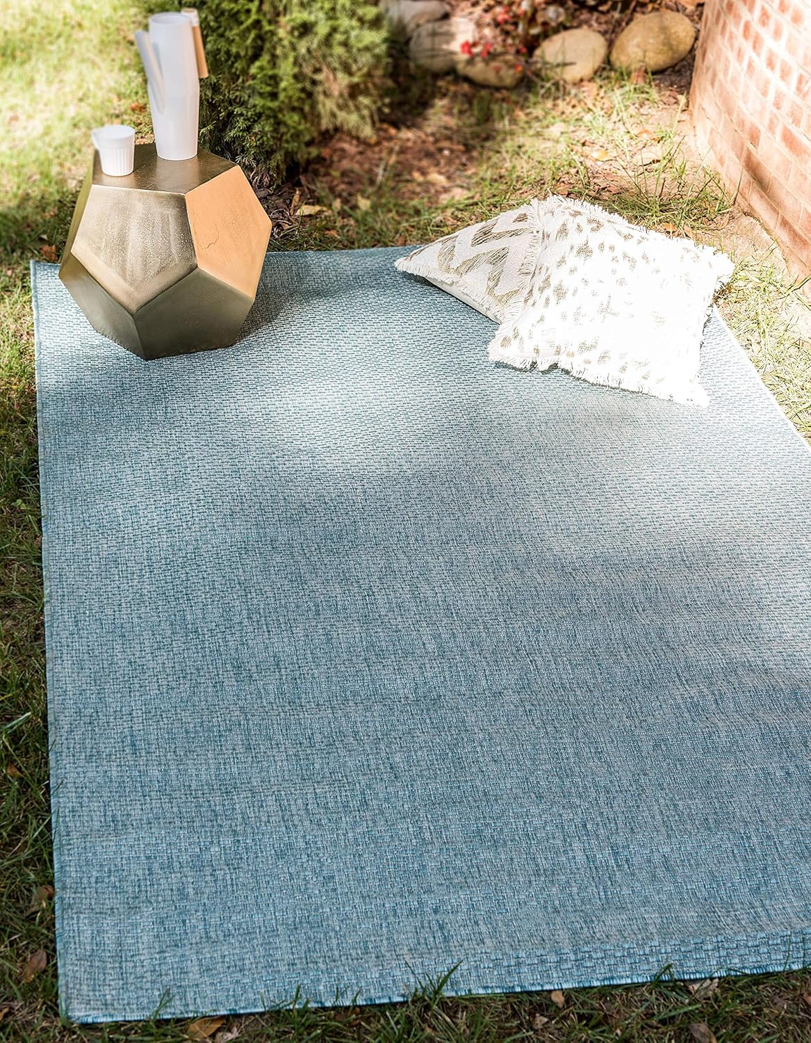 Unique Loom Collection Casual Transitional Solid Heathered Indoor/Outdoor Flatweave Area Rug (4' 1" x 6' 1" Rectangle, Aquamarine/Ivory)