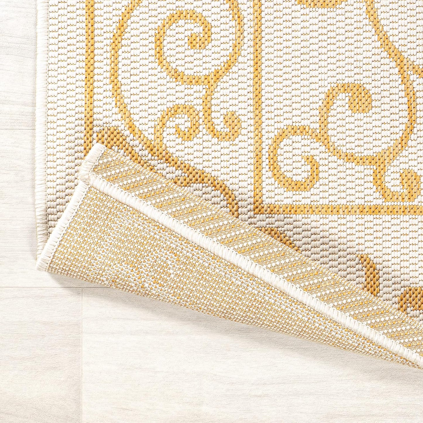 JONATHAN Y SMB106M-5SQ Charleston Vintage Filigree Textured Weave Indoor Outdoor Area Rug, Classic Traditional Transitional Easy Cleaning,Bedroom,Kitchen,Backyard,Patio, Cream/Yellow, 5' Square