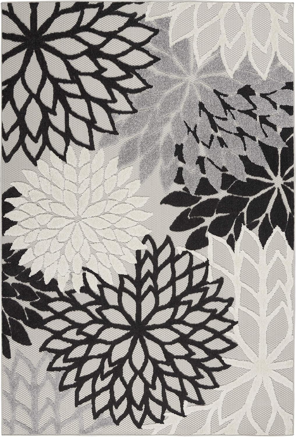 Nourison Aloha Indoor/Outdoor Black White 3'6" x 5'6" Area Rug, Tropical, Botanical, Easy Cleaning, Non Shedding, Bed Room, Living Room, Dining Room, Deck, Backyard, Patio (3x5)