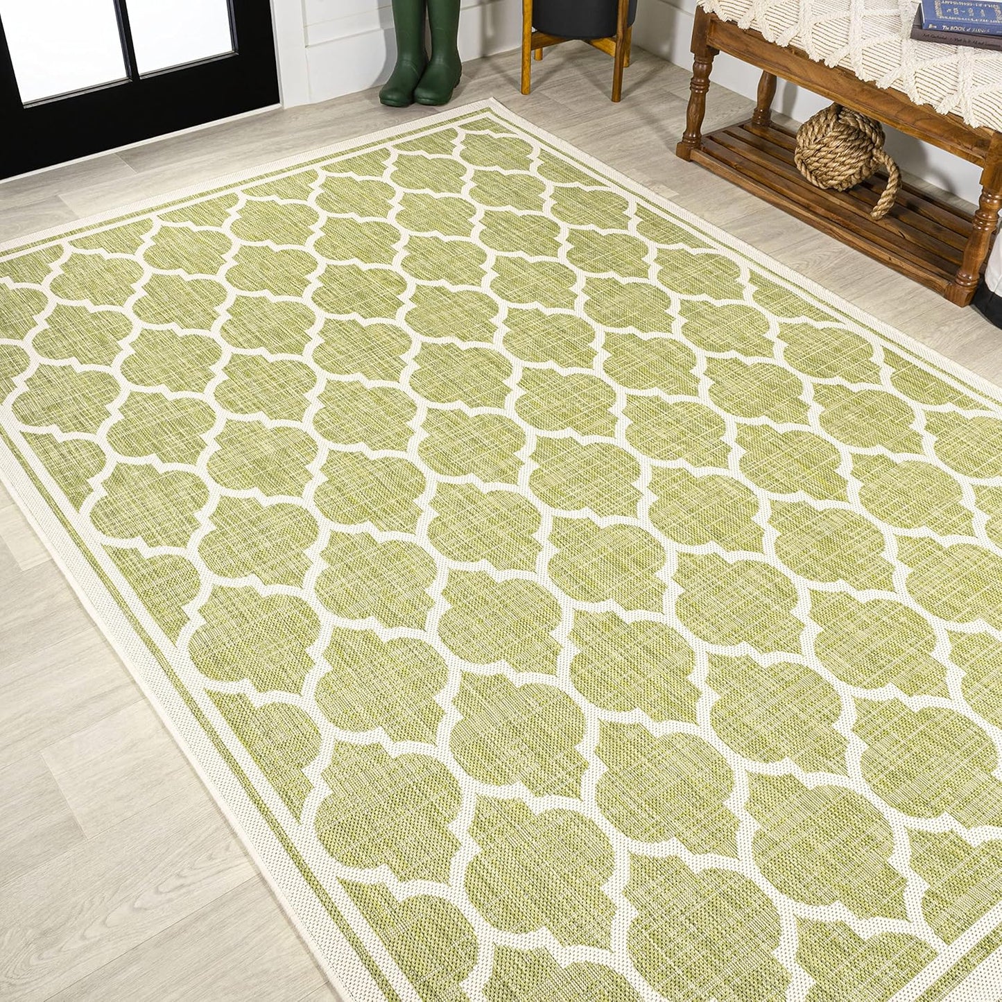 Eyely BMS109G-9 Santa Monica Trebol Moroccan Trellis Textured Weave Indoor/Outdoor Area Rug Coastal;Bohemian, Bedroom, Backyard, Patio, Easy-Cleaning, Non-Shedding, 9 X 12, Green/Cream