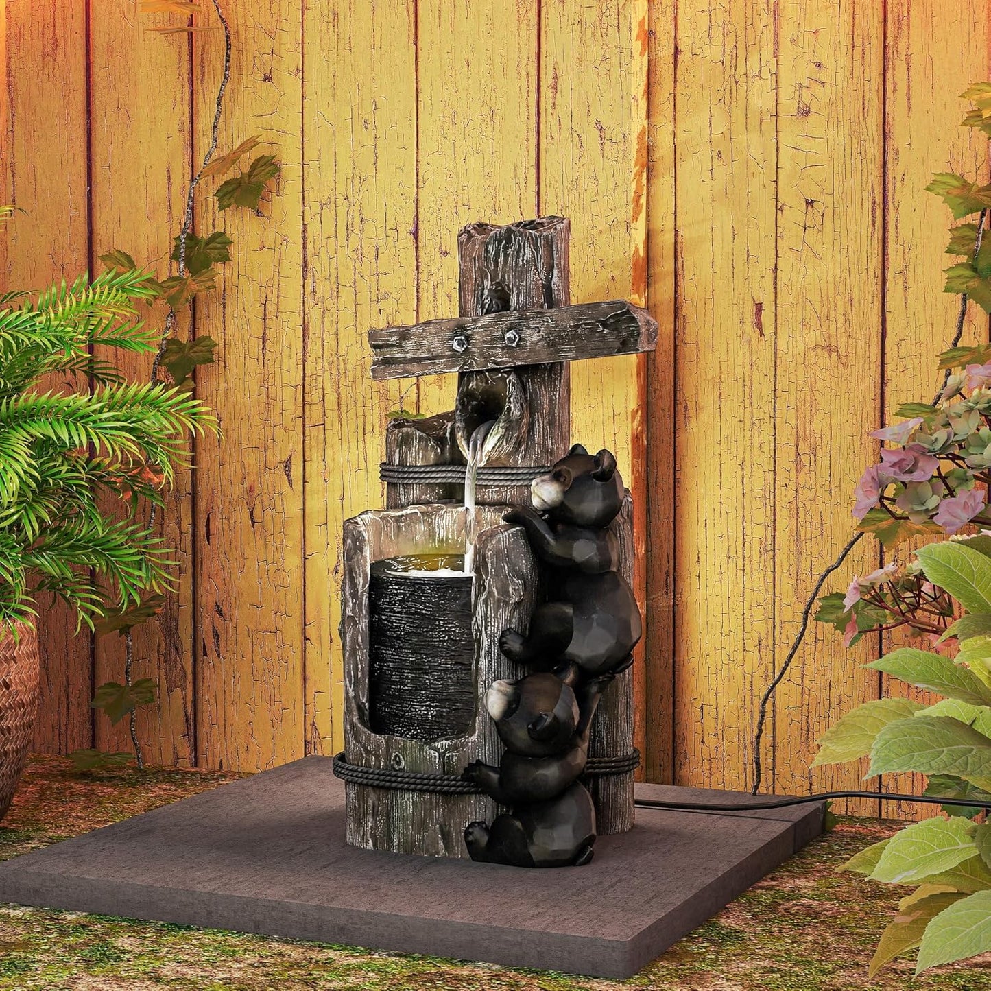 22.8" Outdoor Water Fountain, 3-Tier Resin Bears on Log Waterfall with LED Lights and Adjustable Pump, Rustic Floor Standing Garden Decor for Patio, Porch, Backyard, Brown