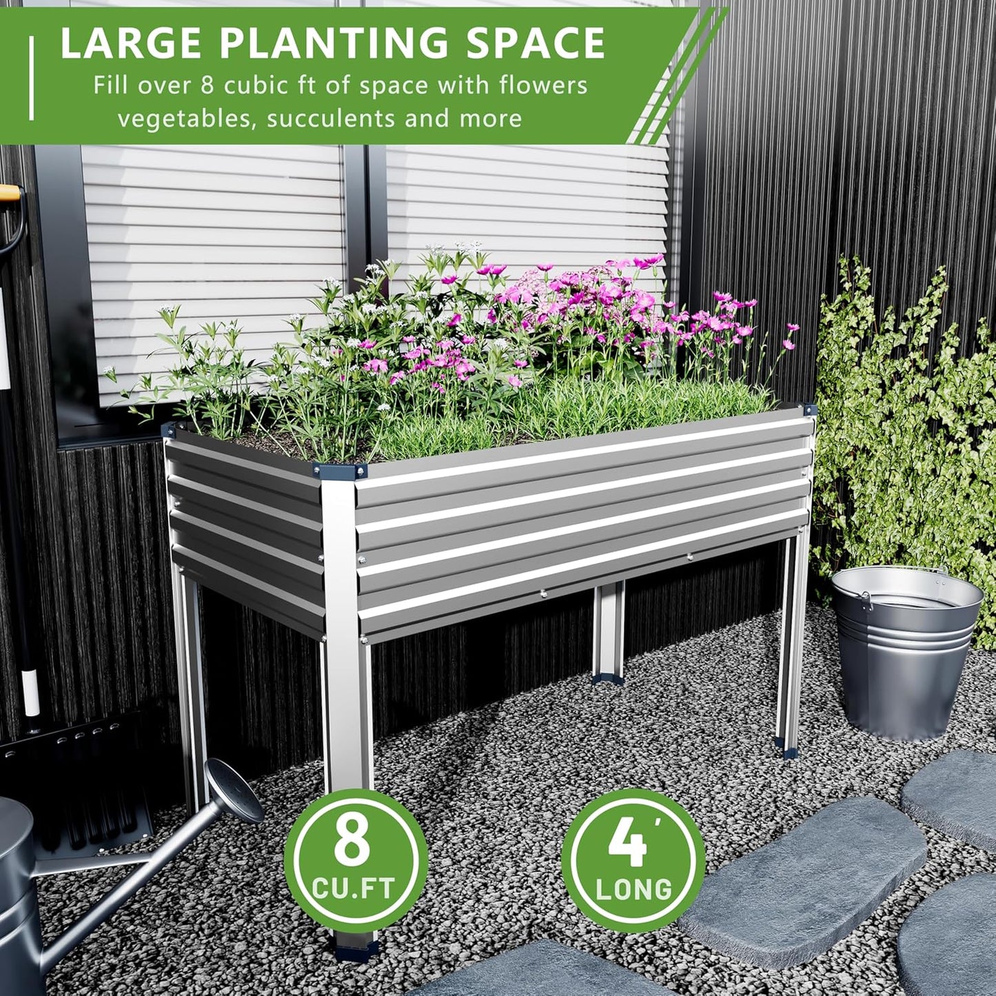 2PCS 48×24×30in Galvanized Raised Garden Bed,Metal Elevated Planter Box with Legs for Patio,Balcony,Backyard,300lb Capacity,Silver