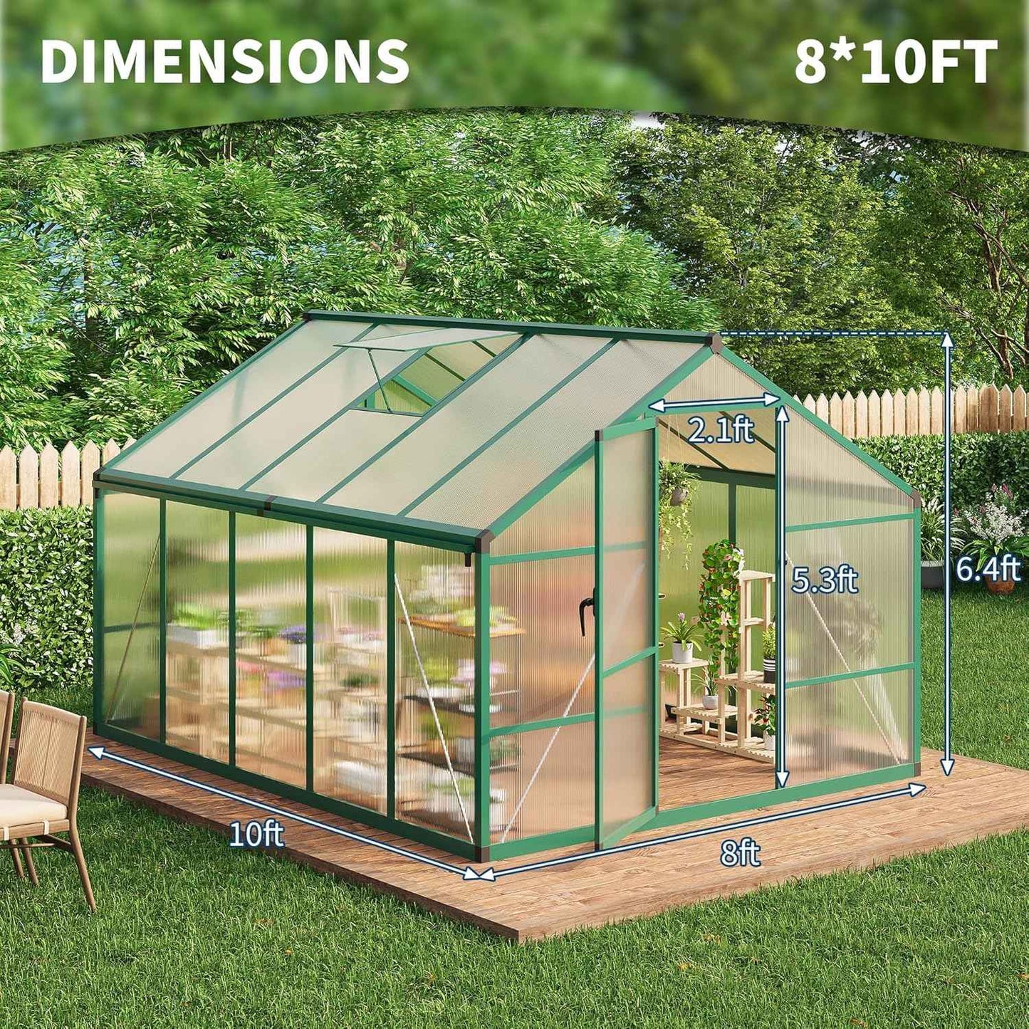 8x10 FT Greenhouse, Greenhouses for Outside, Polycarbonate Greenhouse with Aluminum Frame, Lockable Door and Ajustable Roof Vent for Backyard, Green Houses for Outside Garden Backyard, Patio