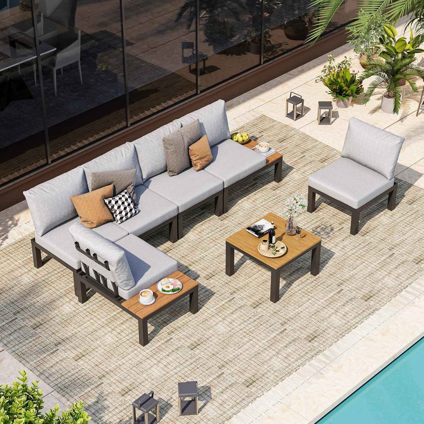 Aluminum Modular Outdoor Patio Furniture Set, 6 Seats Patio Sectional Sofa Set with Adjustable Backrest & Thick Cushions, All-Weather Conversation Sets with Table for Garden & Yard, Gray
