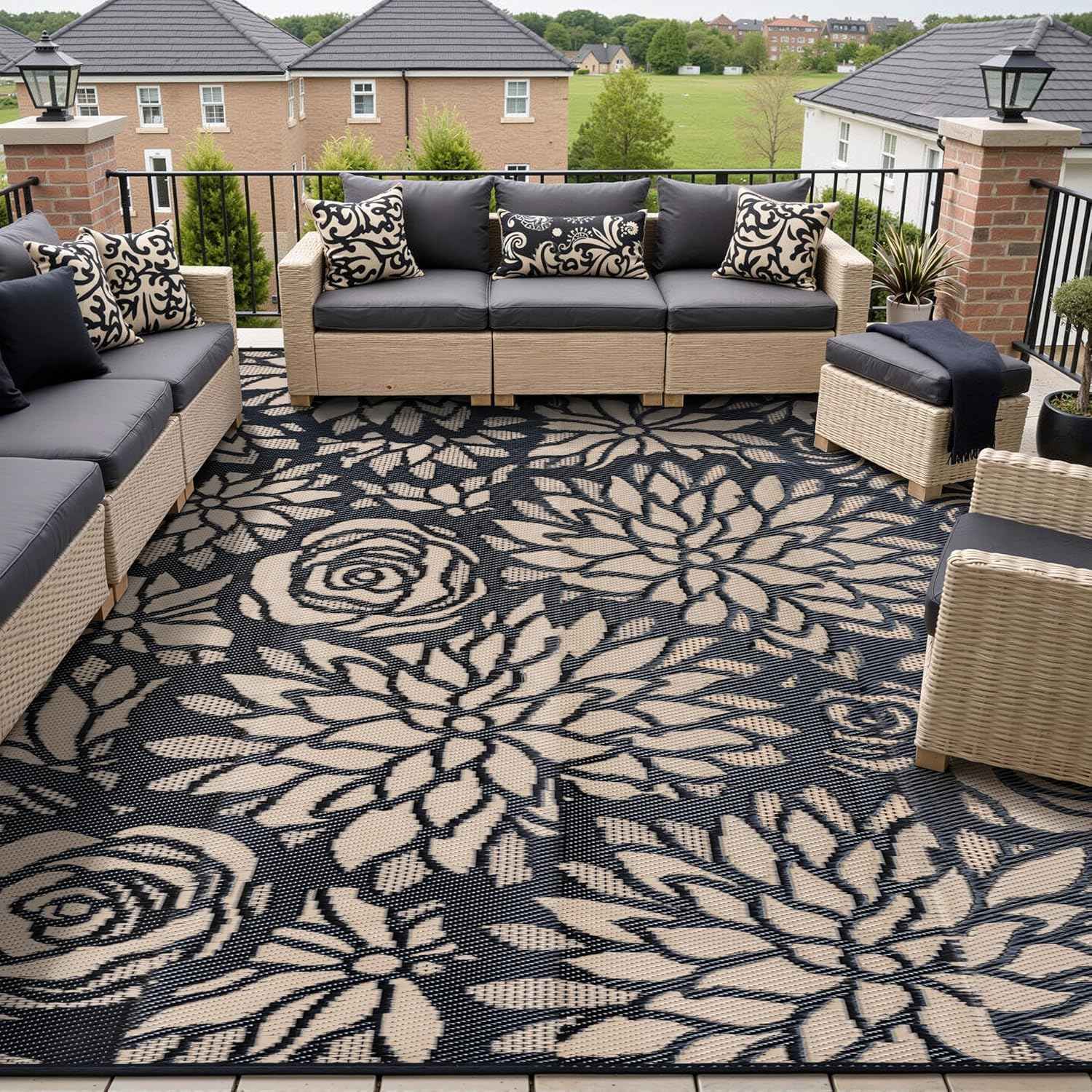 Outdoor Plastic Straw Rug Waterproof Patio 9x12 Black Brown Floral Mat for Porch Camping RV Balcony Deck Courtyard Reversible Lightweight Durable Portable Carpet