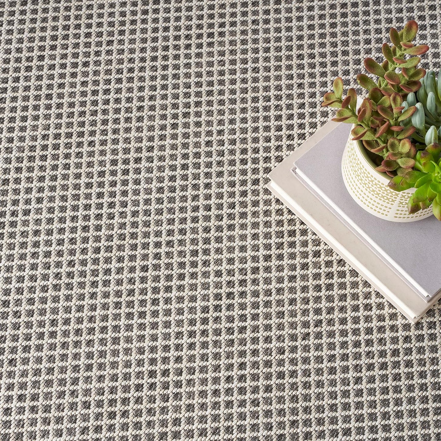Nourison Home Courtyard Indoor/Outdoor Ivory/Charcoal 6' x Round Area Rug, Easy Cleaning, Non Shedding, Bed Room, Living Room, Dining Room, Backyard, Deck, Patio (6 Round)