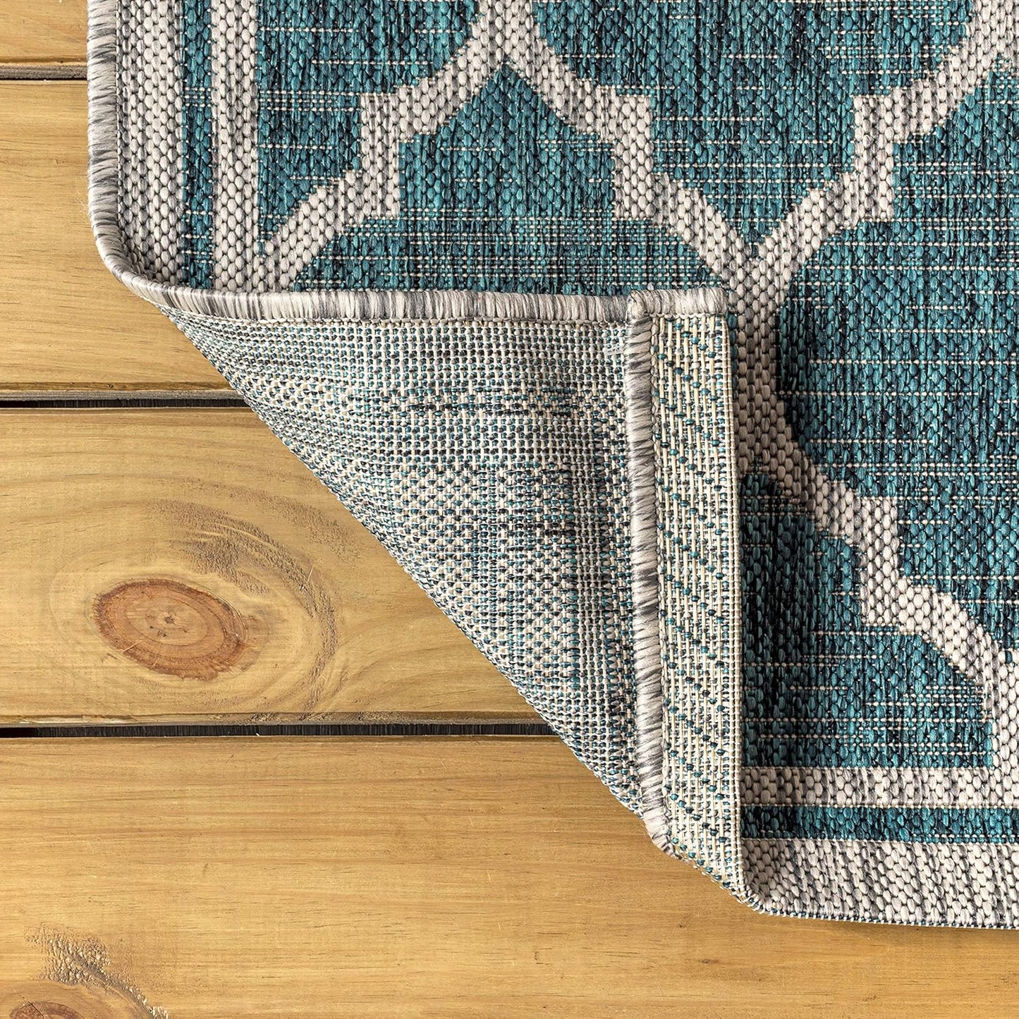 Eyely BMS109E-210 Santa Monica Trebol Moroccan Trellis Textured Weave Indoor/Outdoor Runner Rug Coastal;Bohemian, Bedroom, Backyard, Patio, Easy-Cleaning, Non-Shedding, 2 X 10, Teal/Gray