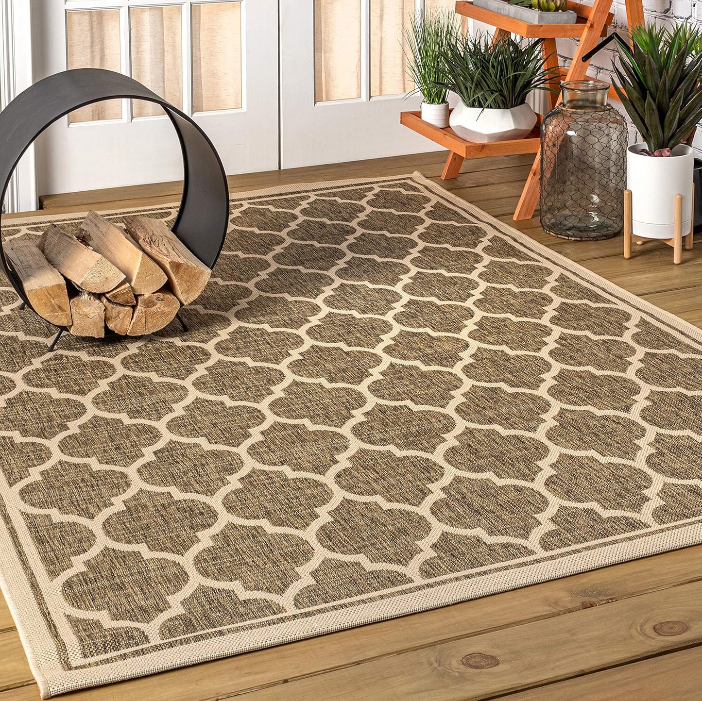 Eyely BMS109A-3 Santa Monica Trebol Moroccan Trellis Textured Weave Indoor/Outdoor Area Rug Coastal;Bohemian, Bedroom, Backyard, Patio, Easy-Cleaning, Non-Shedding, 3 X 5, Brown/Beige