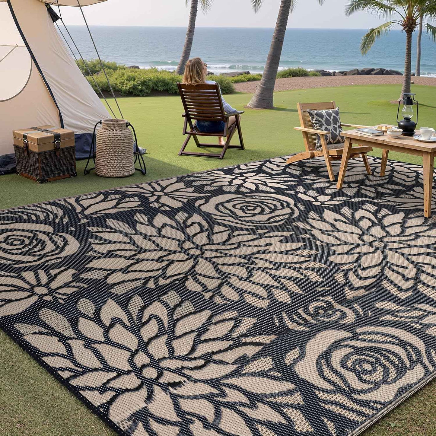 Outdoor Plastic Straw Rug Waterproof Patio 9x12 Black Brown Floral Mat for Porch Camping RV Balcony Deck Courtyard Reversible Lightweight Durable Portable Carpet