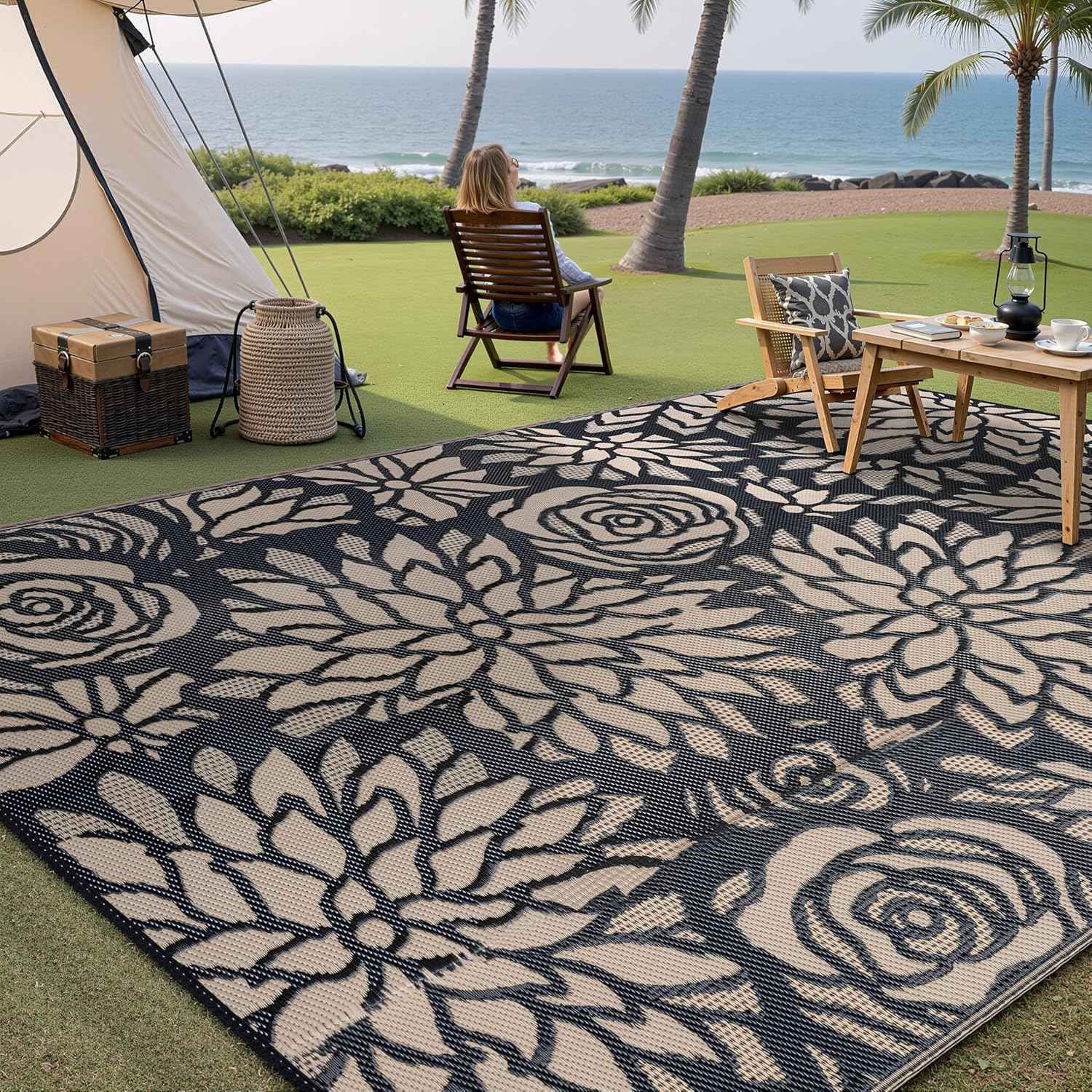 Outdoor Plastic Straw Rug Waterproof Patio 9x12 Black Brown Floral Mat for Porch Camping RV Balcony Deck Courtyard Reversible Lightweight Durable Portable Carpet