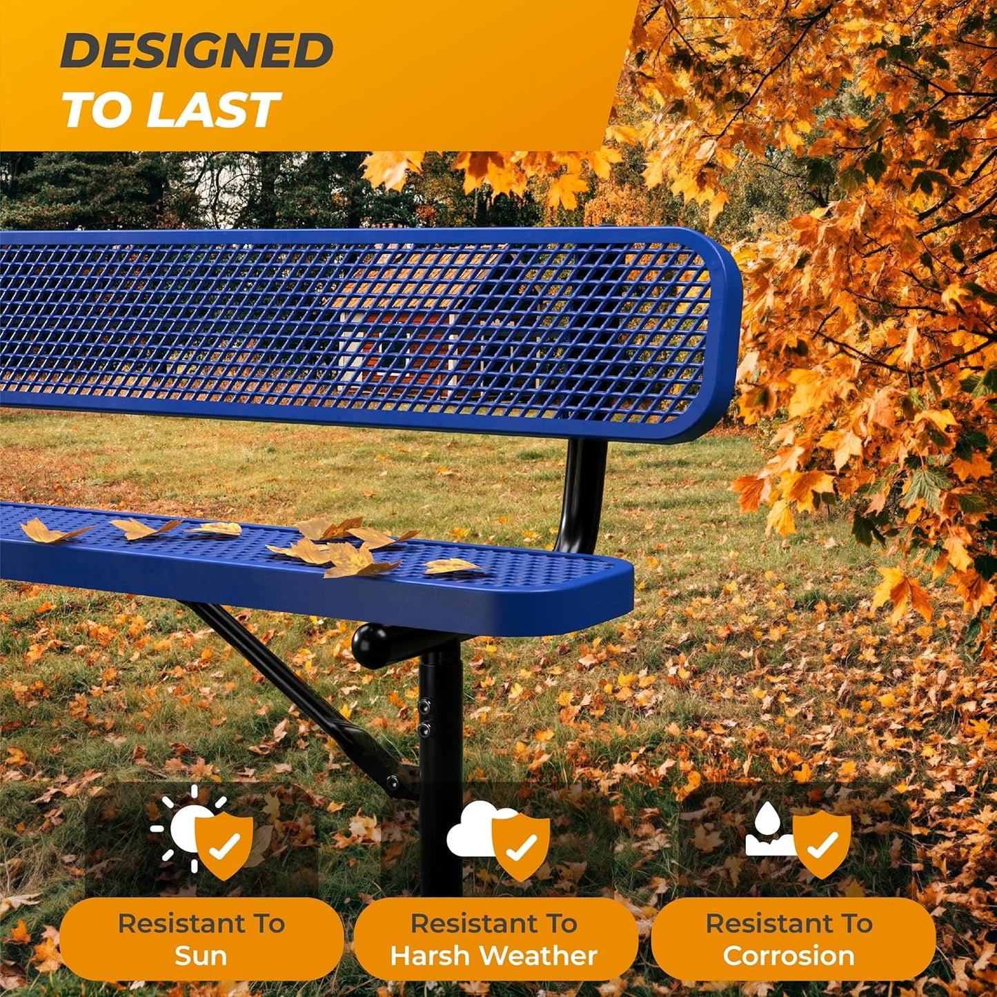 Heavy-Duty Outdoor Metal Bench, Thermoplastic-Coated, Surface, Weatherproof, Commercial-Grade for Parks, Gardens, Patios, Stores & More (8 Ft - Surface with Back, Blue)