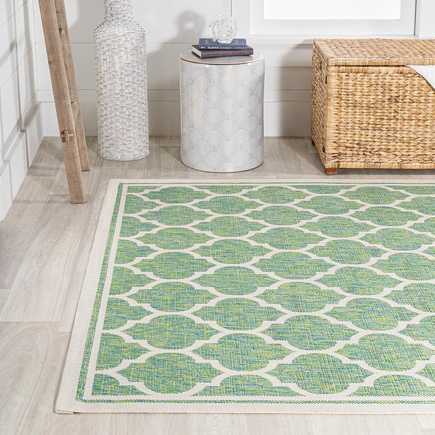Eyely BMS109I-5 Santa Monica Trebol Moroccan Trellis Textured Weave Indoor/Outdoor Area Rug Coastal;Bohemian, Bedroom, Backyard, Patio, Easy-Cleaning, Non-Shedding, 5 X 8, Cream/Green