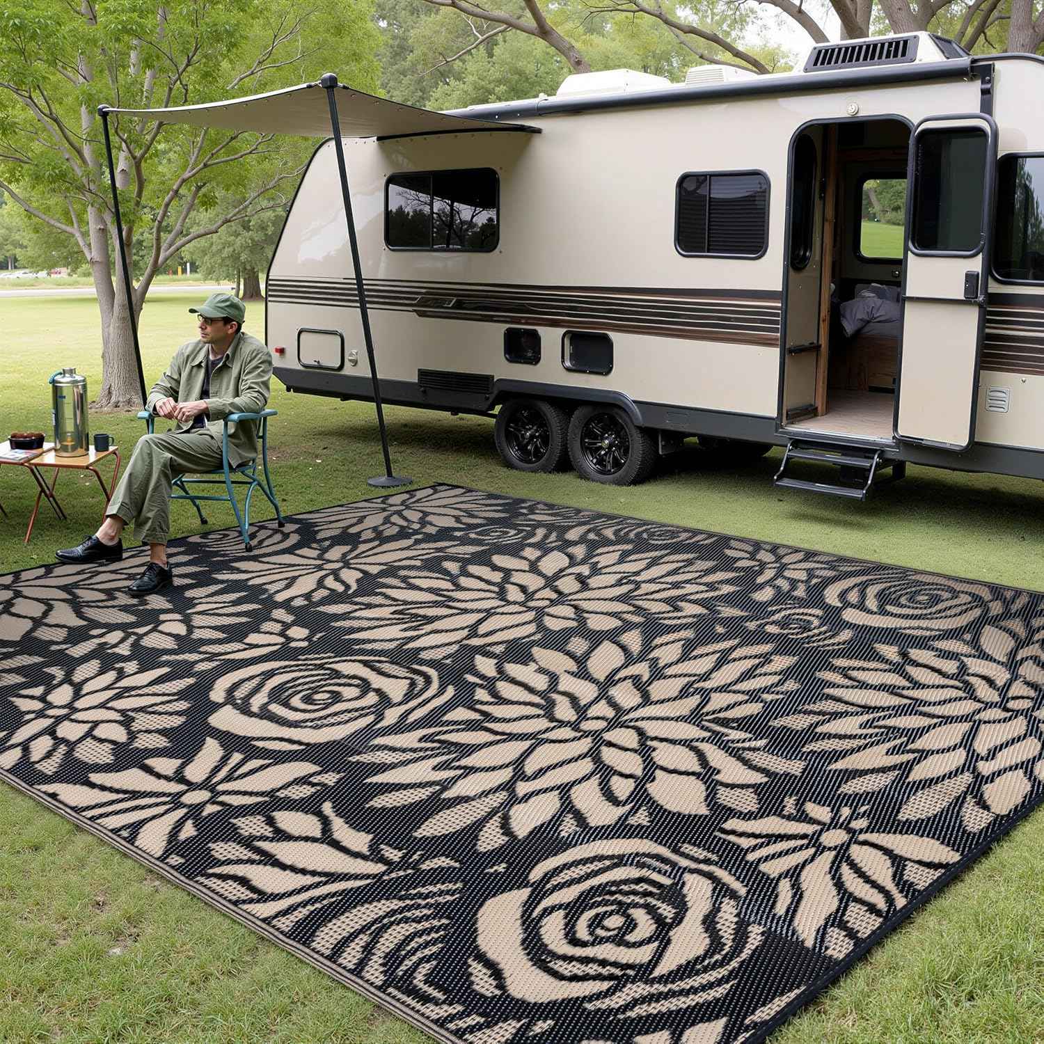 Outdoor Plastic Straw Rug Waterproof Patio 9x12 Black Brown Floral Mat for Porch Camping RV Balcony Deck Courtyard Reversible Lightweight Durable Portable Carpet