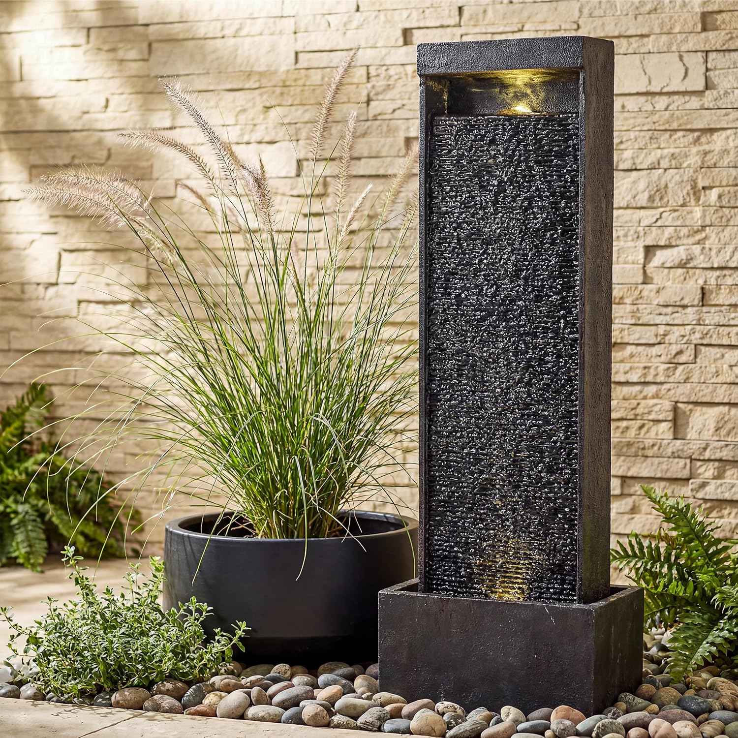35-Inch Outdoor Water Fountain, Modern Curved Faux Slate Resin Indoor Waterfall Fountain with 2 Warm LED Lights, Home Art Decor for Garden, Patio, Yard, Deck, Porch, Balcony in Black