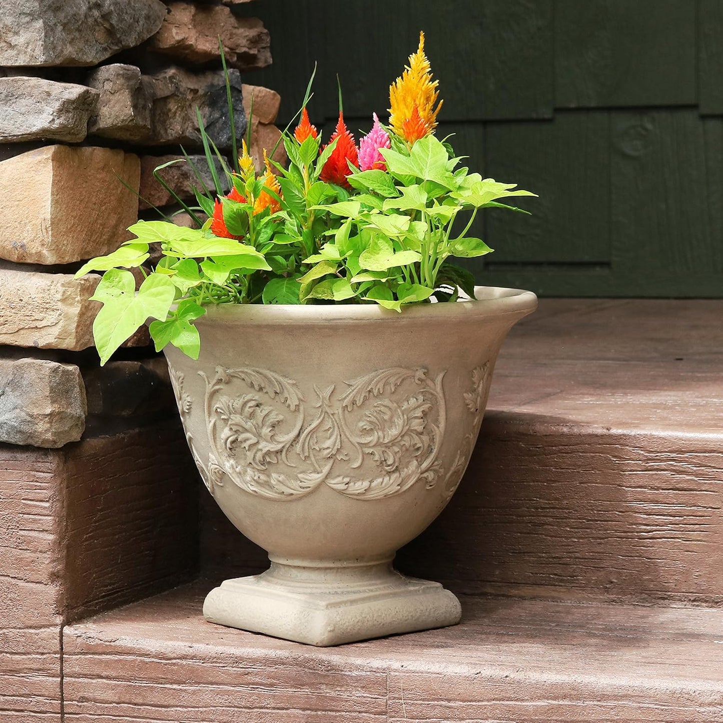 Sunnydaze 16-Inch Darcy Outdoor Pedestal Planter - Polyresin Large Round Plant Pot with Drillable Drainage Hole - Plastic Urn Planter for Outdoor Plants - Beige