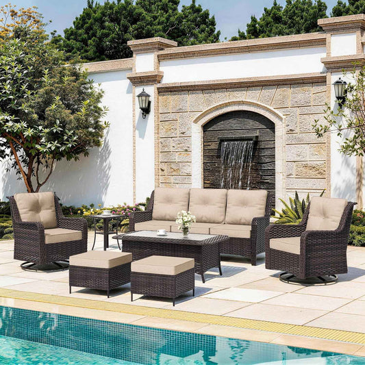 7-Piece Patio Furniture Set, Outdoor Thick Wicker Sectional Sofas with 2 Swivel Chairs, High Back Sectional Sofa Couch, Outdoor Conversation Set for Backyard, Porch, Deck, Brown