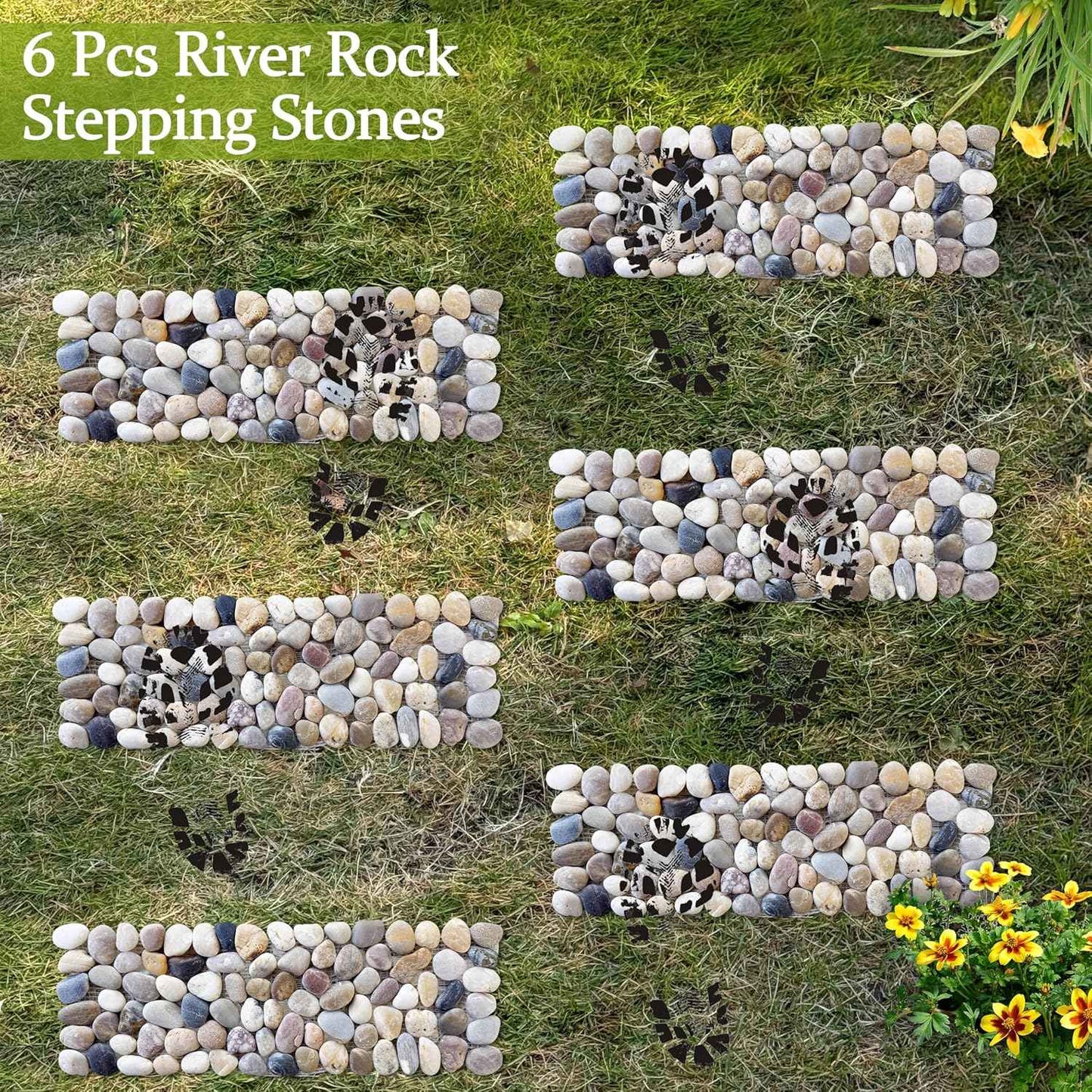 Sunnyglade 6 Pcs 15.5" L × 5.5" W River Rock Stepping Stones, Rectangles Pebbles Polished Gravel, Outdoor Pebble River Stone Mat for Yard Lawn Patio Pathway Landscaping (Rectangles, 15.5" x 5.5")