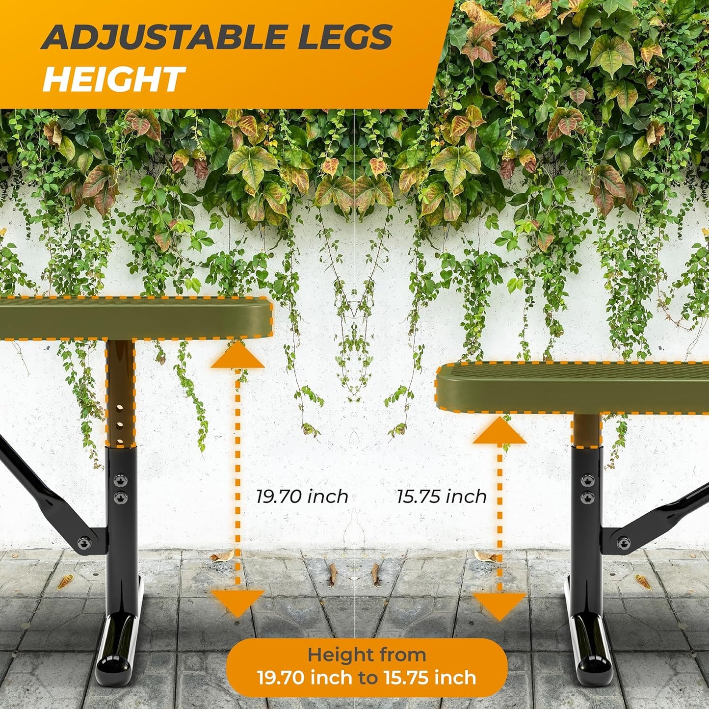 Heavy-Duty Outdoor Metal Bench, Thermoplastic-Coated, Portable, Weatherproof, Commercial-Grade for Parks, Gardens, Patios, Stores & More (8 Ft - Portable, Green)