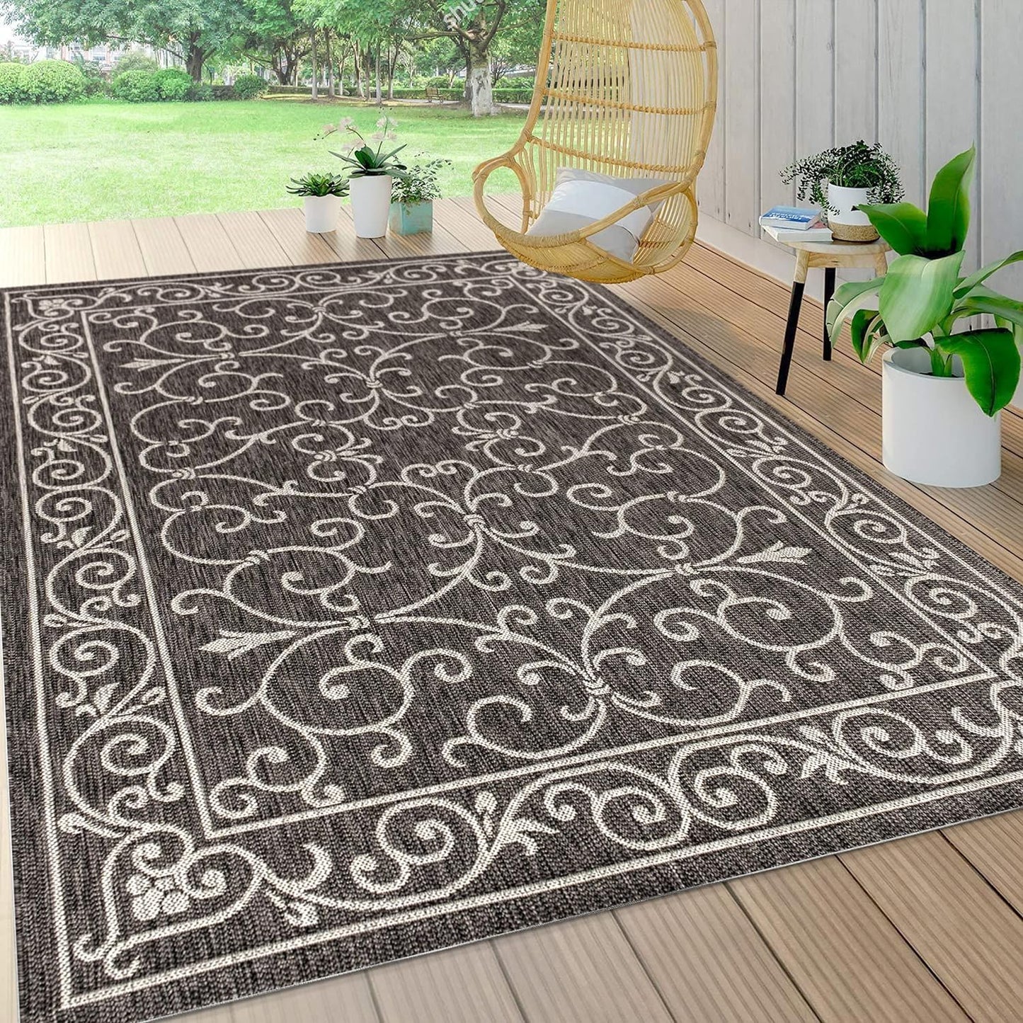 JONATHAN Y SMB106G-5 Charleston Vintage Filigree Textured Weave Indoor Outdoor Rug LivingRoom Backyard,5 X 8,Black/Gray