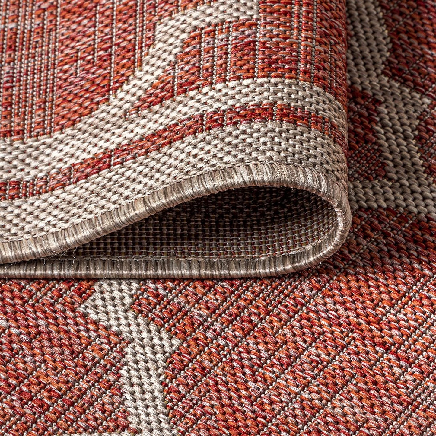 Eyely BMS109C-4SQ Santa Monica Trebol Moroccan Trellis Textured Weave, Pet Friendly, Non-Shedding, Stain Resistant, Easy-Cleaning, Red/Beige, 4' Square, Indoor/Outdoor, Area Rug