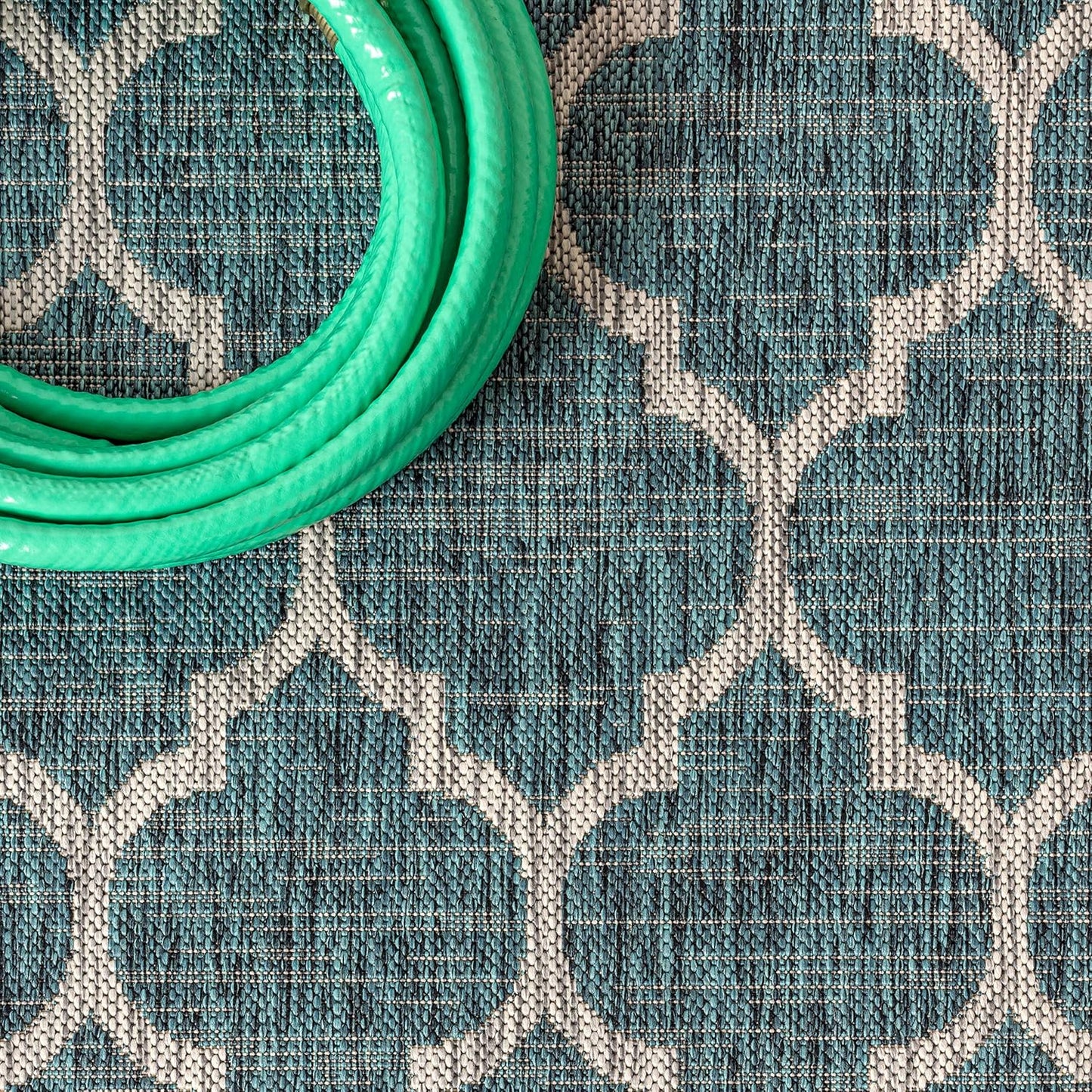 Eyely BMS109E-5SQ Santa Monica Trebol Moroccan Trellis Textured Weave Indoor/Outdoor Area Rug Coastal;Bohemian, Bedroom, Backyard, Patio, Easy-Cleaning, Non-Shedding, 5' Square, Teal/Gray