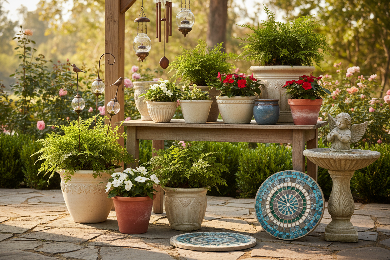 Decor & Accessories: Beautiful planters, garden ornaments, and decorative pieces to make your outdoor space truly special. (make it real photo)