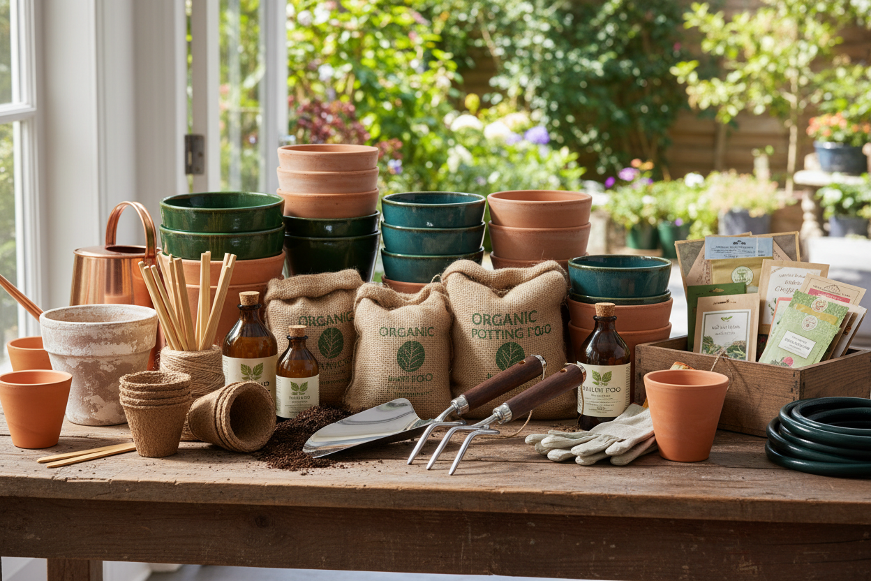 Garden Supplies: High-quality tools, pots, soil, fertilizers, and eco-friendly gardening essentials. (make it real photo)